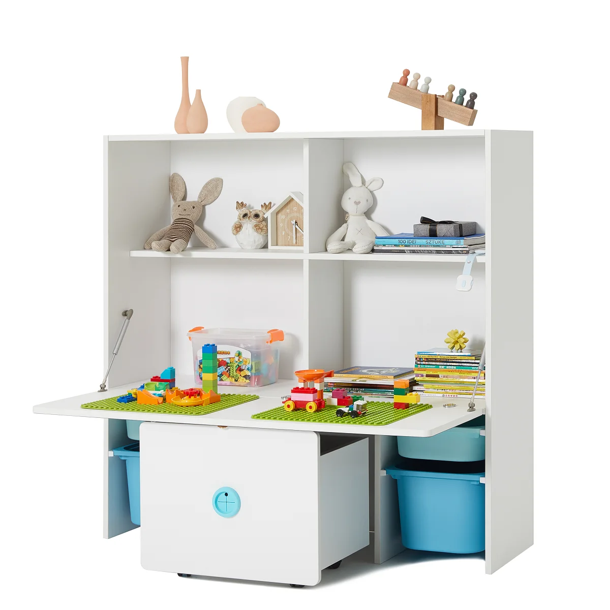 
2M2KIDS Wood Cubbies Multifunction Kids Book Shelf with Blackboard Children Cabinet with Large Storage Area 