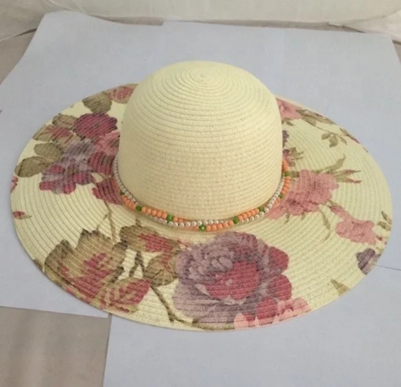 Women Paper Straw Floral Printed Floppy Beads Chain Decoration Capeline Hat