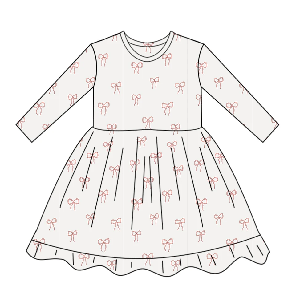 Top sale custom cotton bow pattern long sleeve baby skirt girls dresses for autumn