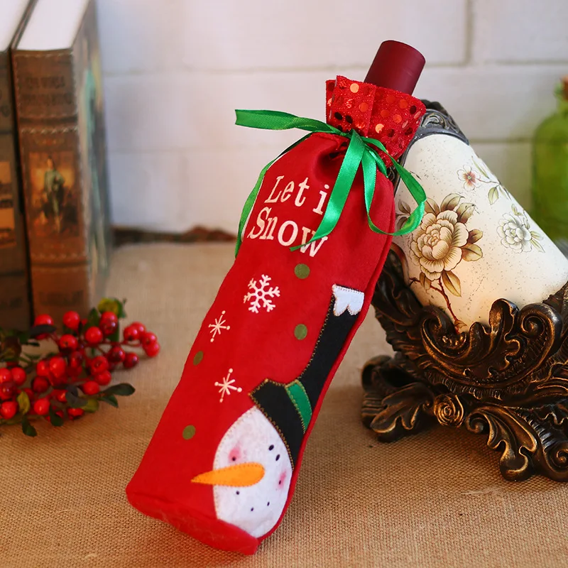 Wholesale Champagne Red Wine Bottle Cover For Christmas Dinner Ornament In Stock Drawstring Santa Claus Snowman Sequin