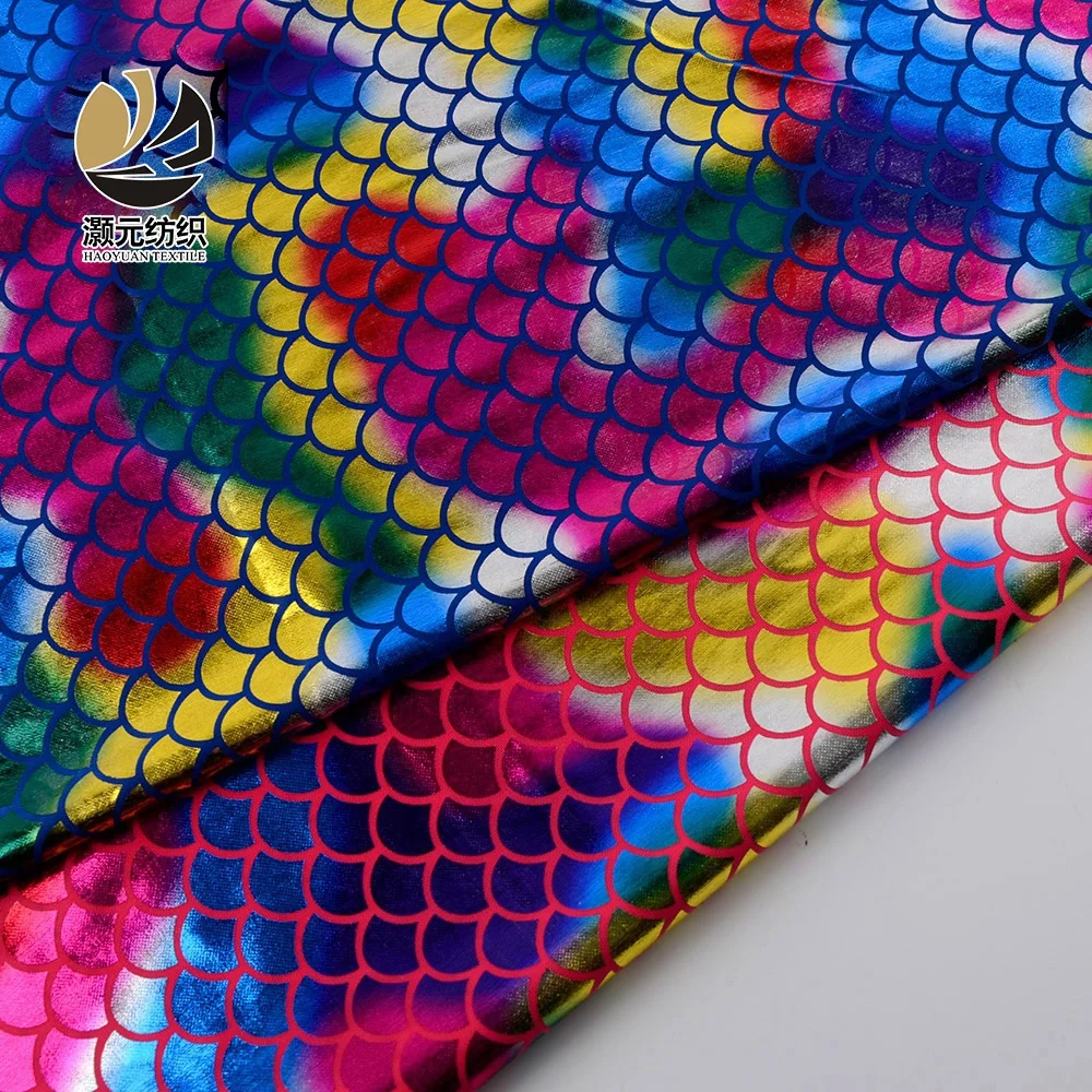 Cheap shiny polyester rainbow clothing fabric knitting suppliers with fish scale pattern for women dress