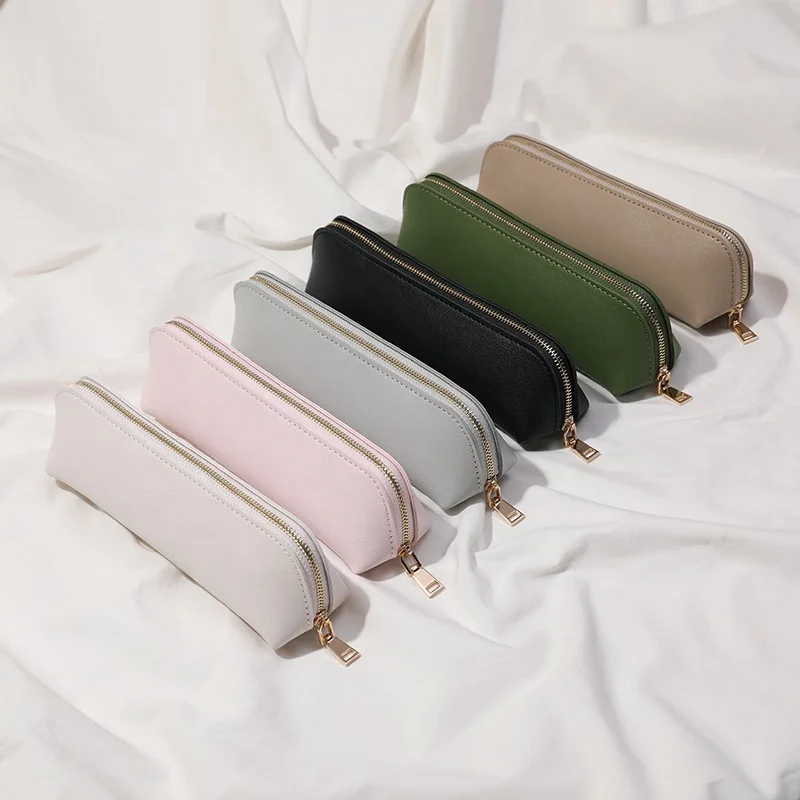Simple Triangle Leather Zipper Pencil Bag School Student Stationery Bag PU Leather Pencil Case
