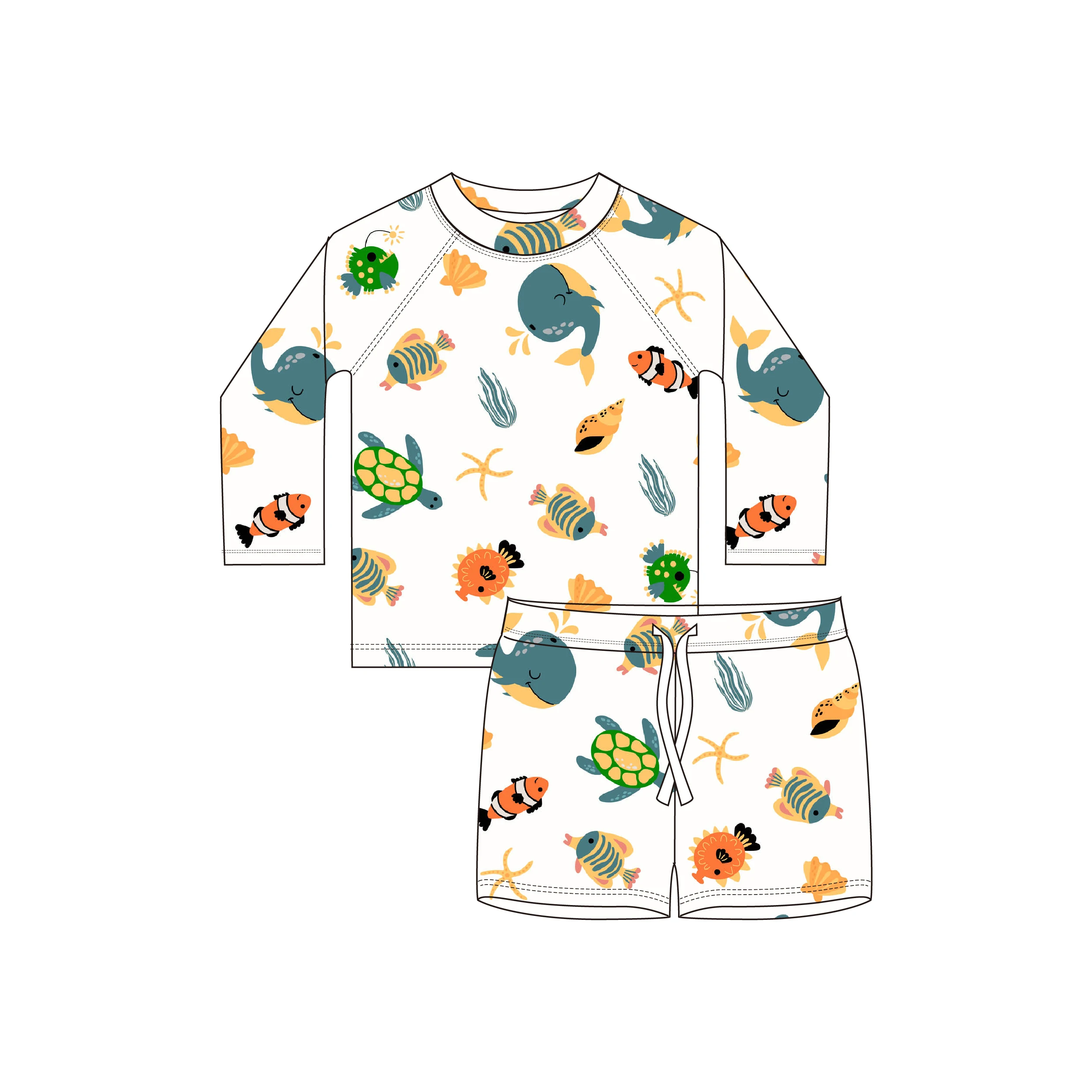 Summer Long Sleeve 2 PCS Cartoon Print Toddler Baby Children Kids Customized Swimwear Boys