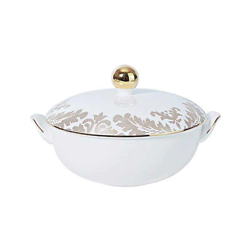 Porcelain Oval Tureen Bone China Luxury Gold Decal Soup Bowl With Lid For Hotel Banquet