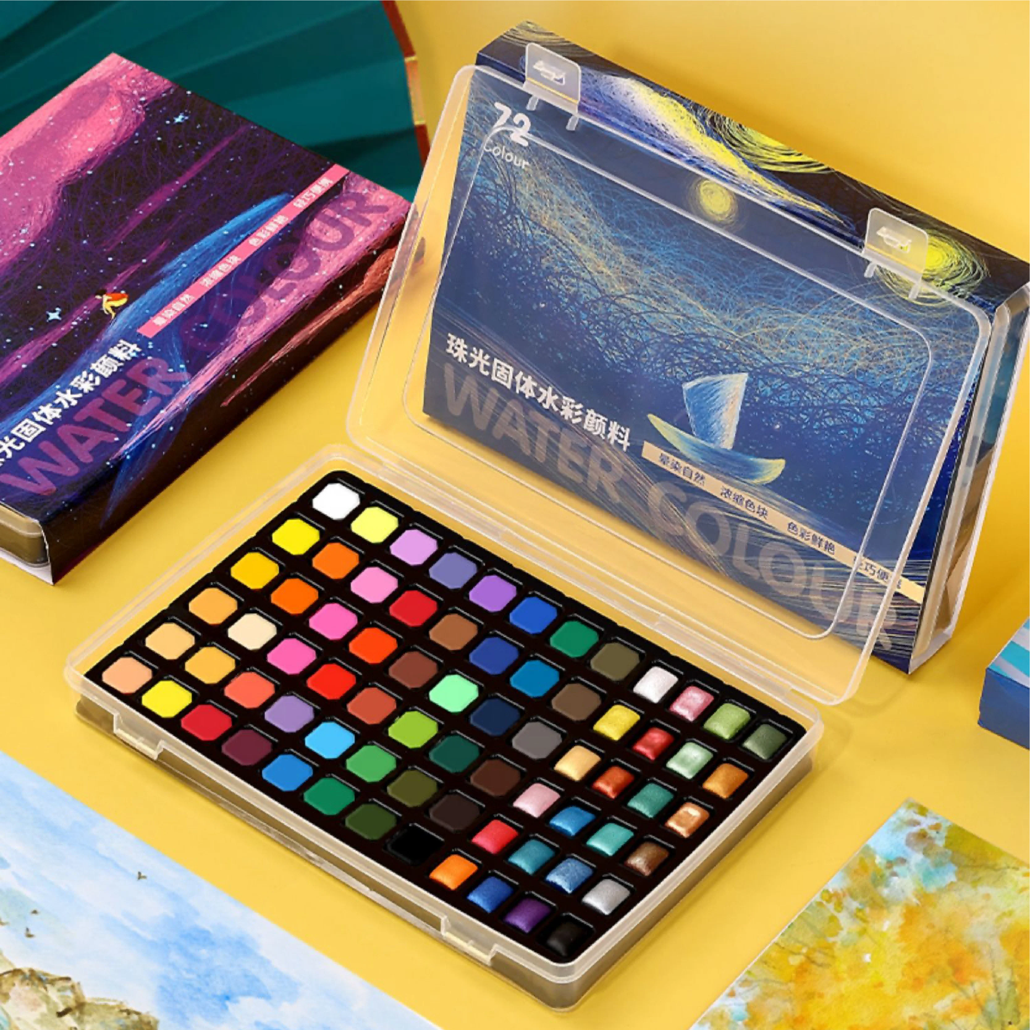 Best Selling OEM Multi-color High Bright 72pcs Solid Pearlescent Watercolor Painting Set for Artist Kids