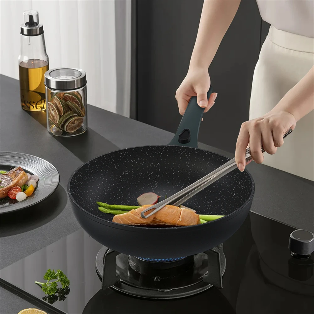 Aluminum Forged Detachable Handle Non-stick  Custom Cooking Wok Pan With Soft Touch Glass Lid