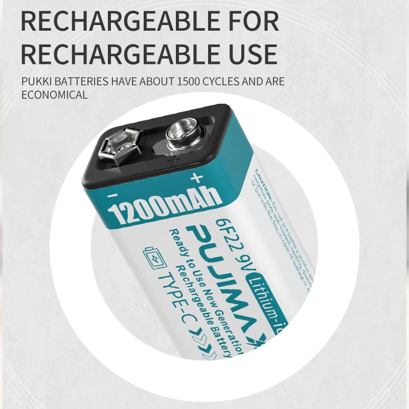 PUJIMAX 1pcs 9V rechargeable battery type c 6f22 9v lithium battery 1200mah usb c li ion batteries 9v type-c charging