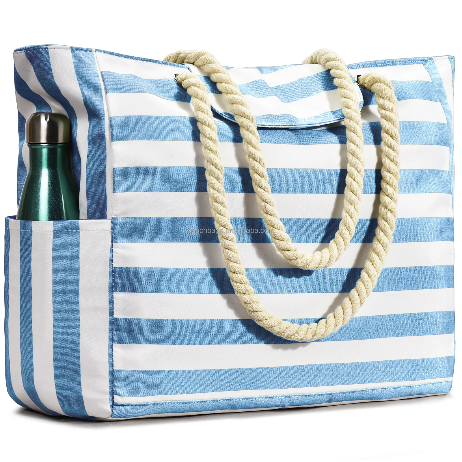 Custom Print Fashion Waterproof Stripe High Quality Beach Tote Bags with Top Magnet Clasp Zipper Shoulder Canvas Beach Bags