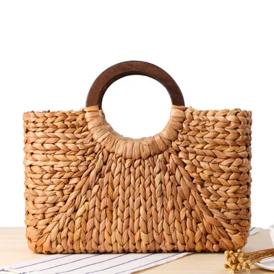 Wooden Handle Straw Woven Handbag Corn Husk Hand-Woven Beach Bag Sen Pure Color Large-Capacity Female Bag