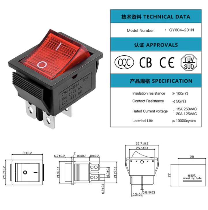 KCD4 AC 20A 125V 15A 250V T85 DPST 4 Пина 2 положение ВКЛ/ВЫКЛ красной подсветкой лодка