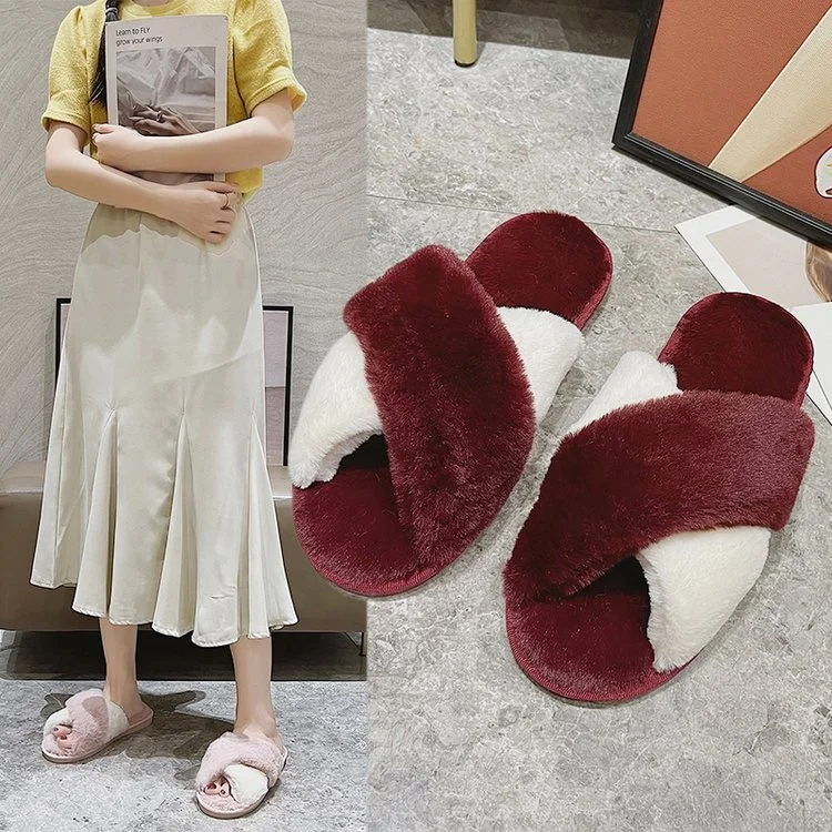 Fluffy Slip Resistant Home Slippers Fur Cross Color Matching Open Toe Slippers Indoor