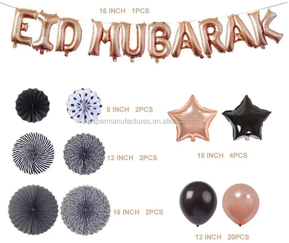 Eid Mubarak Decoration Party Helium Star Balloon Paper Fan Set Ramadan and Eid Decoration Party Supplies