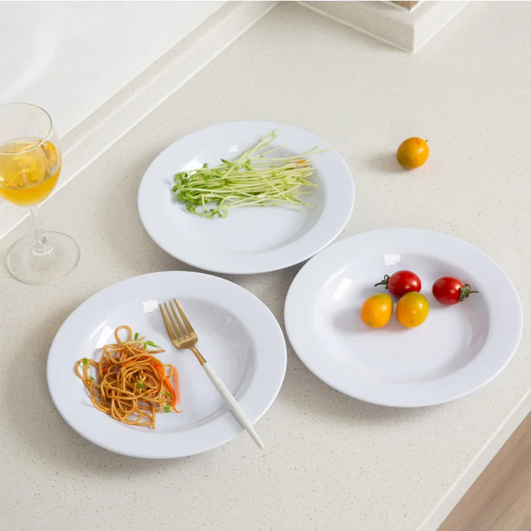 Runde tiefe teller restaurant weib wide rim pasta plate, deep well plastic round 9 inch melamine soup dish