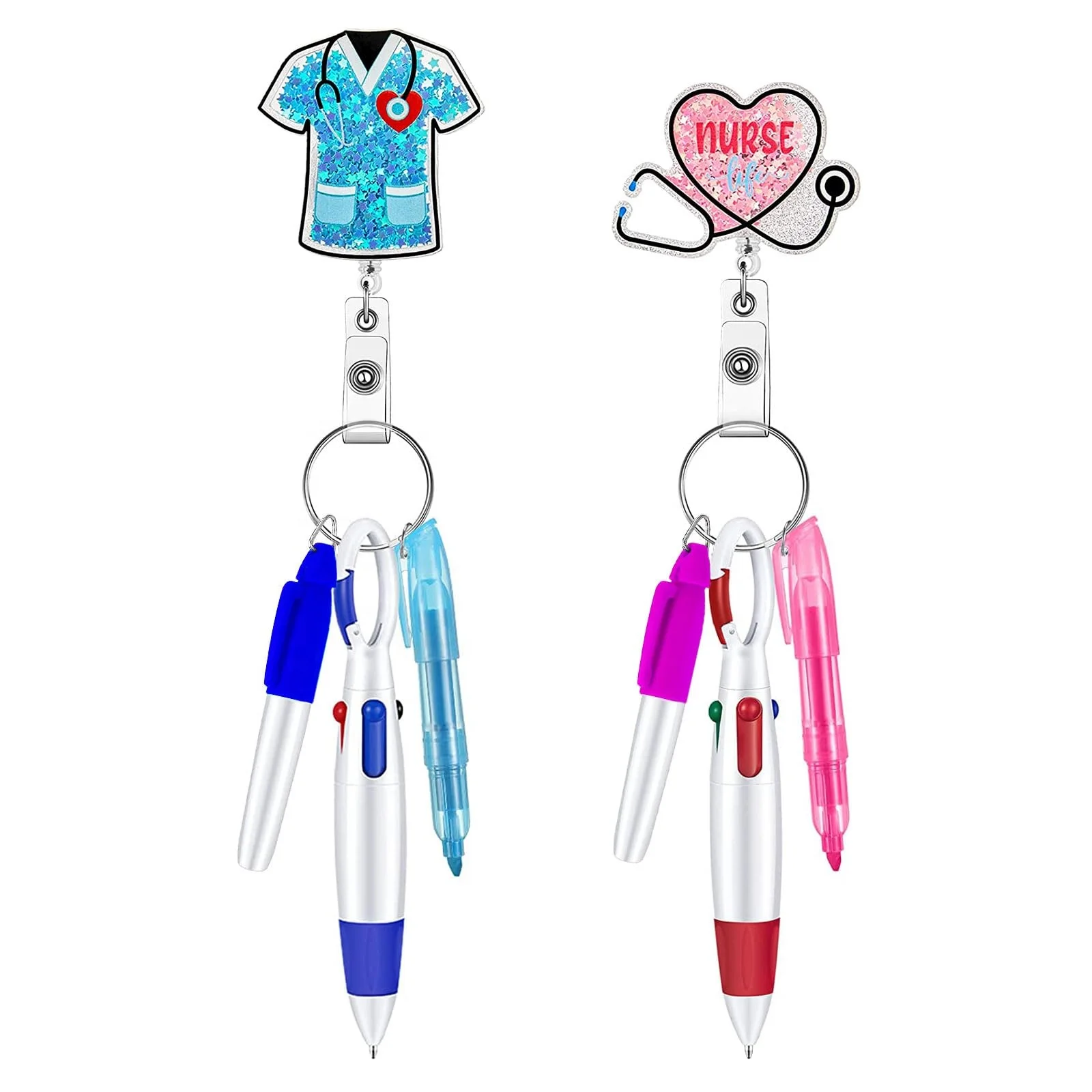 Nurse Badge Reel Glitter Pen Set Tip Highlighter Pen Retractable Ballpoint Pen Key Ring Badge Clip for Nurse Student Teacher
