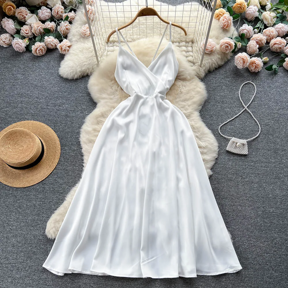Summer Sleeveless Silk Casual Dress Women High Waist Midi A-Line Dress Ladies Sexy Dresses Clothes Women Wholesale