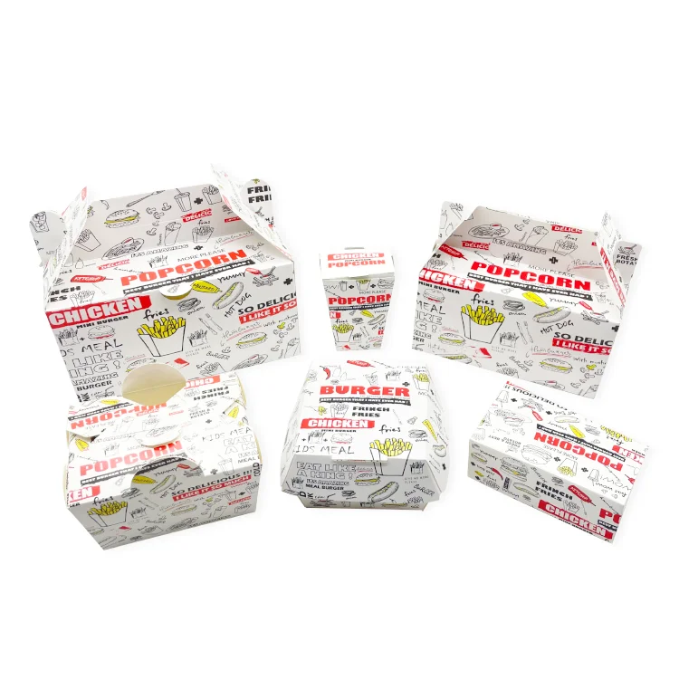Custom Disposable Takeway  Grade Foldable For Delivery Catering Fries Hot Dog Hamburger Popcorn Chicken Paper Packiging Boxes