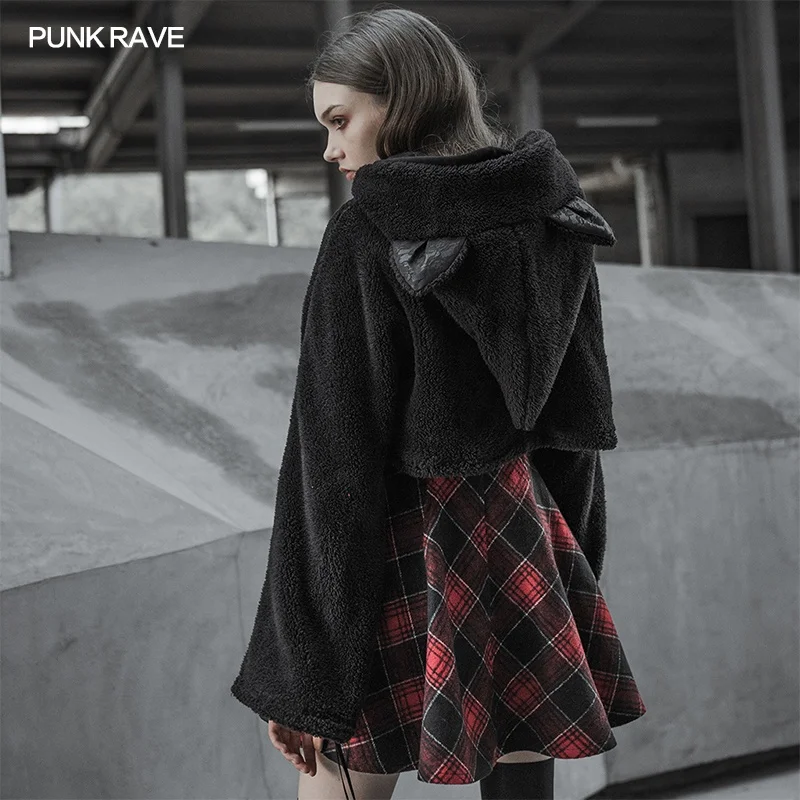 PUNK RAVE Loose Short Cap Jacket OPY-377XDF Hoodie Black Winter Coat Hooded Coat Women Overcoat