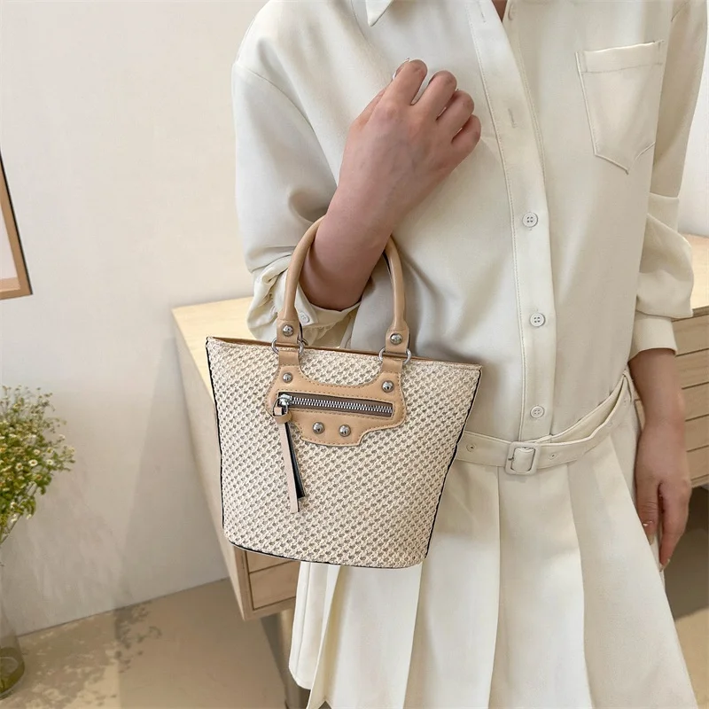 Durable Using Straw Basket Bag Woven Bag Women large capacity classic printing tote bag PU Leather Strap Raffia Handbag