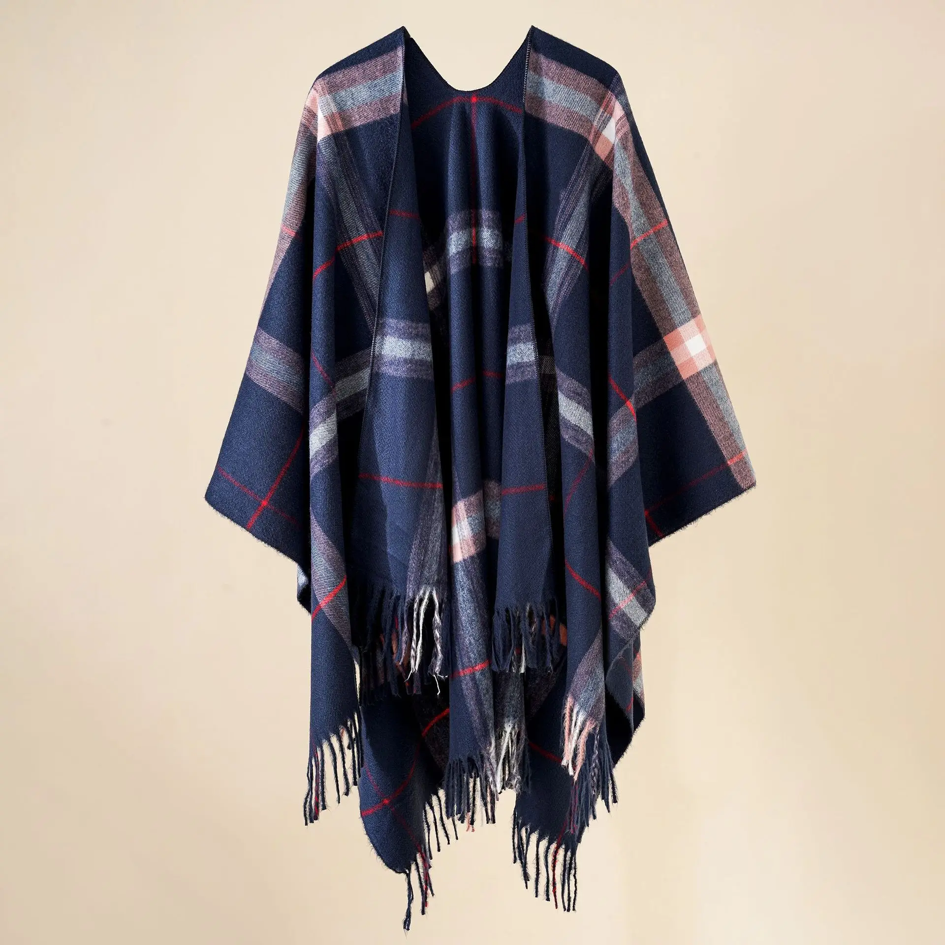 2024 new gradient plaid shawl with outer cloak autumn and winter blanket warm tassel jacket