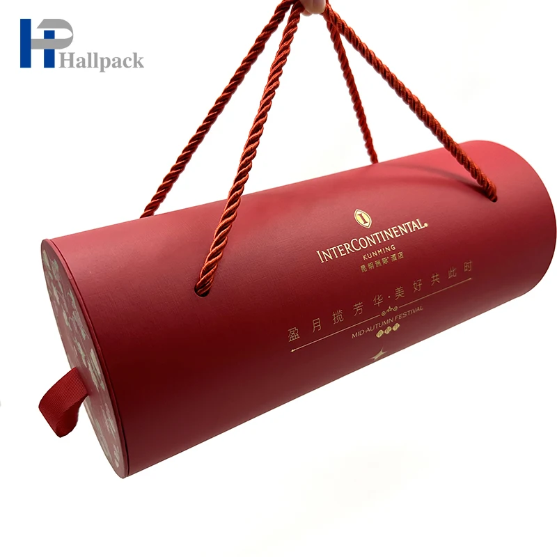 Custom Recyclable Cardboard Moon Cake Packaging Tube Boxes Creative round Craft Paper with Rope Handle for Food & Cosmetics