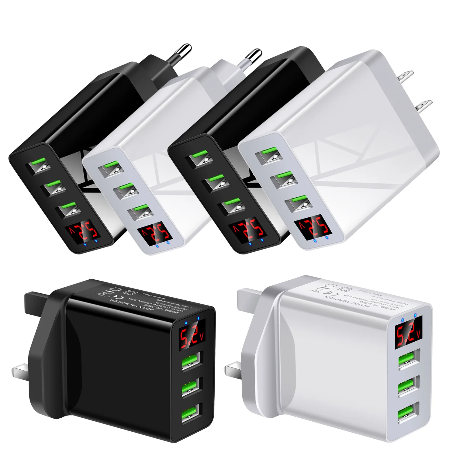 
3 Port Fast Quick Charge QC 3.0 USB Hub LED Display Wall Charger Adapter Travel Power Adapter EU US UK Plug 