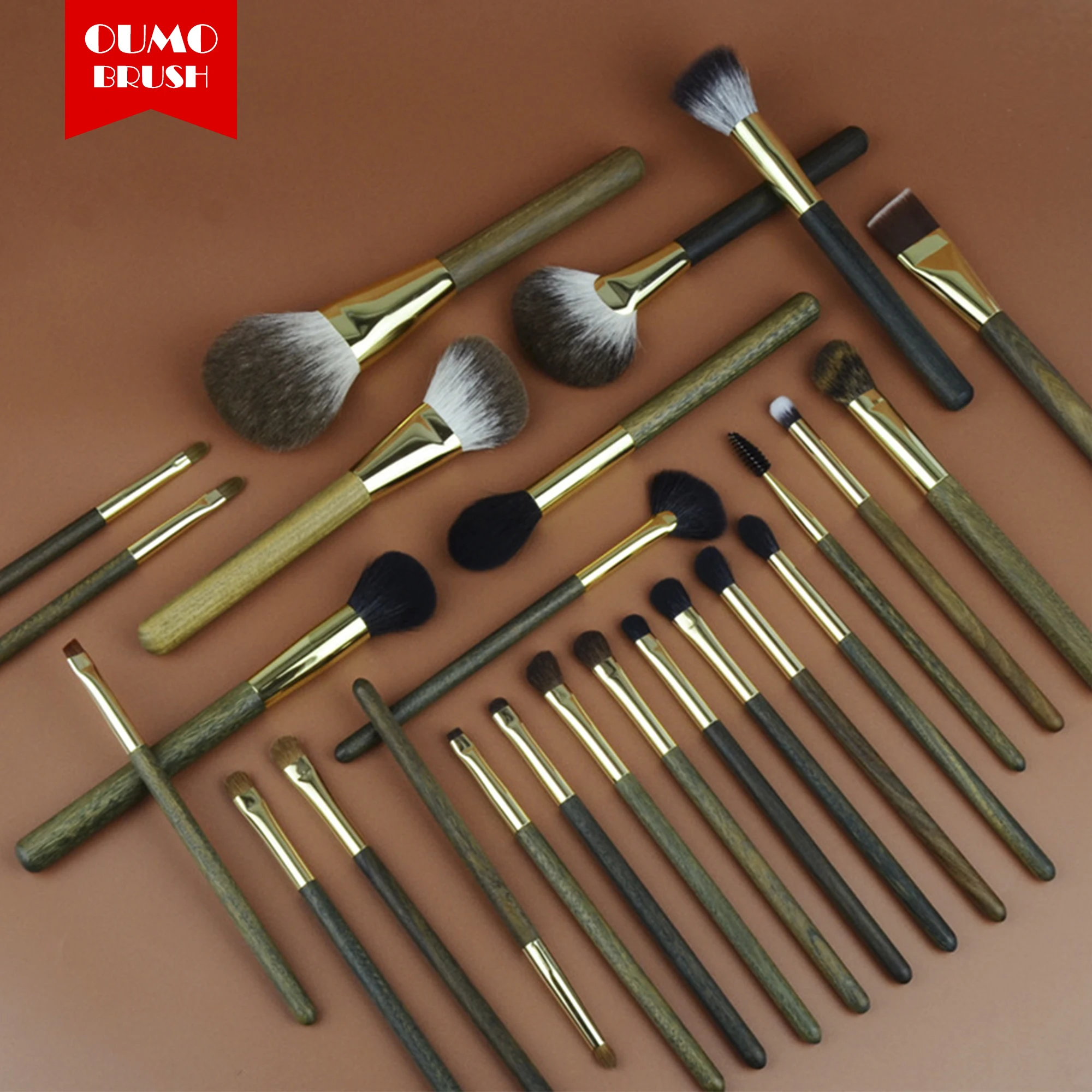 OUMO BRUSH--25pcs professional XGF goat/Squirrel hair green sandalwood handle makeup brush set kits private label makeup brushes