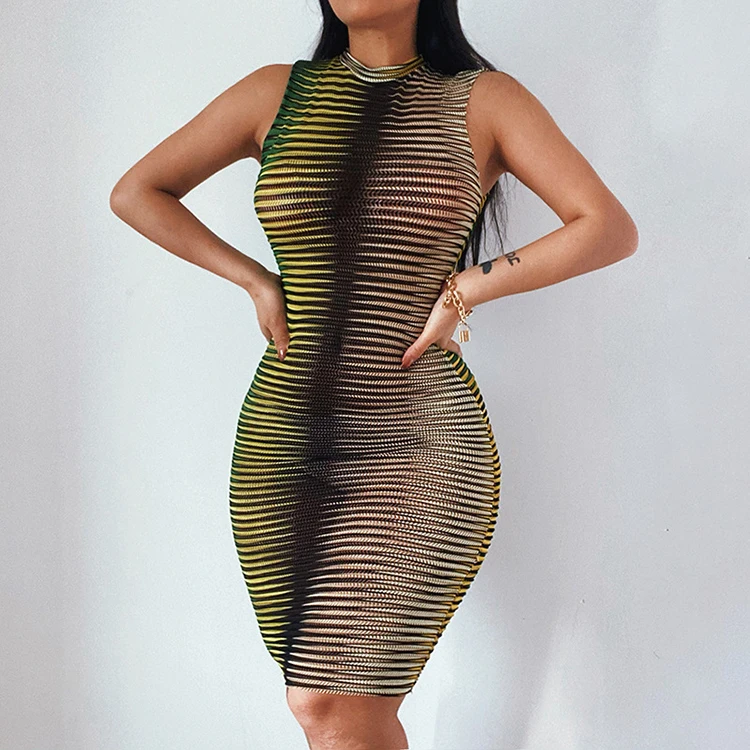 Women Polyester Round Neck Mesh Dress Bodycon Sexy Dress