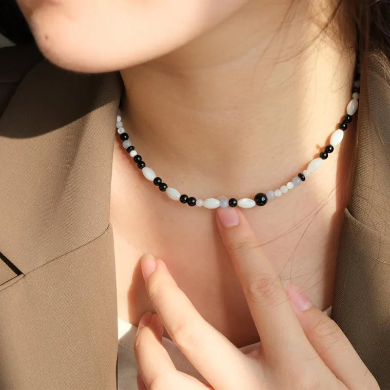 925 silver black Onyx bracelet necklace women black and white bead string aquamarine sterling silver versatile bracelet necklace