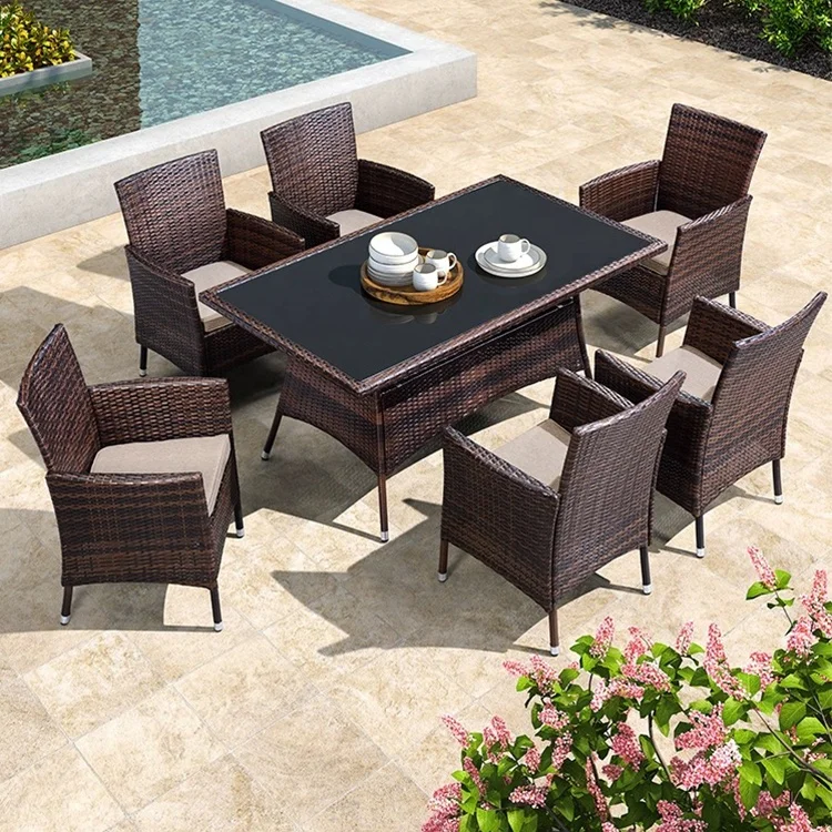 Modern Design Wicker Rattan Aluminum Furniture Dinning Table and Chair Set for Garden Outdoor Backyard