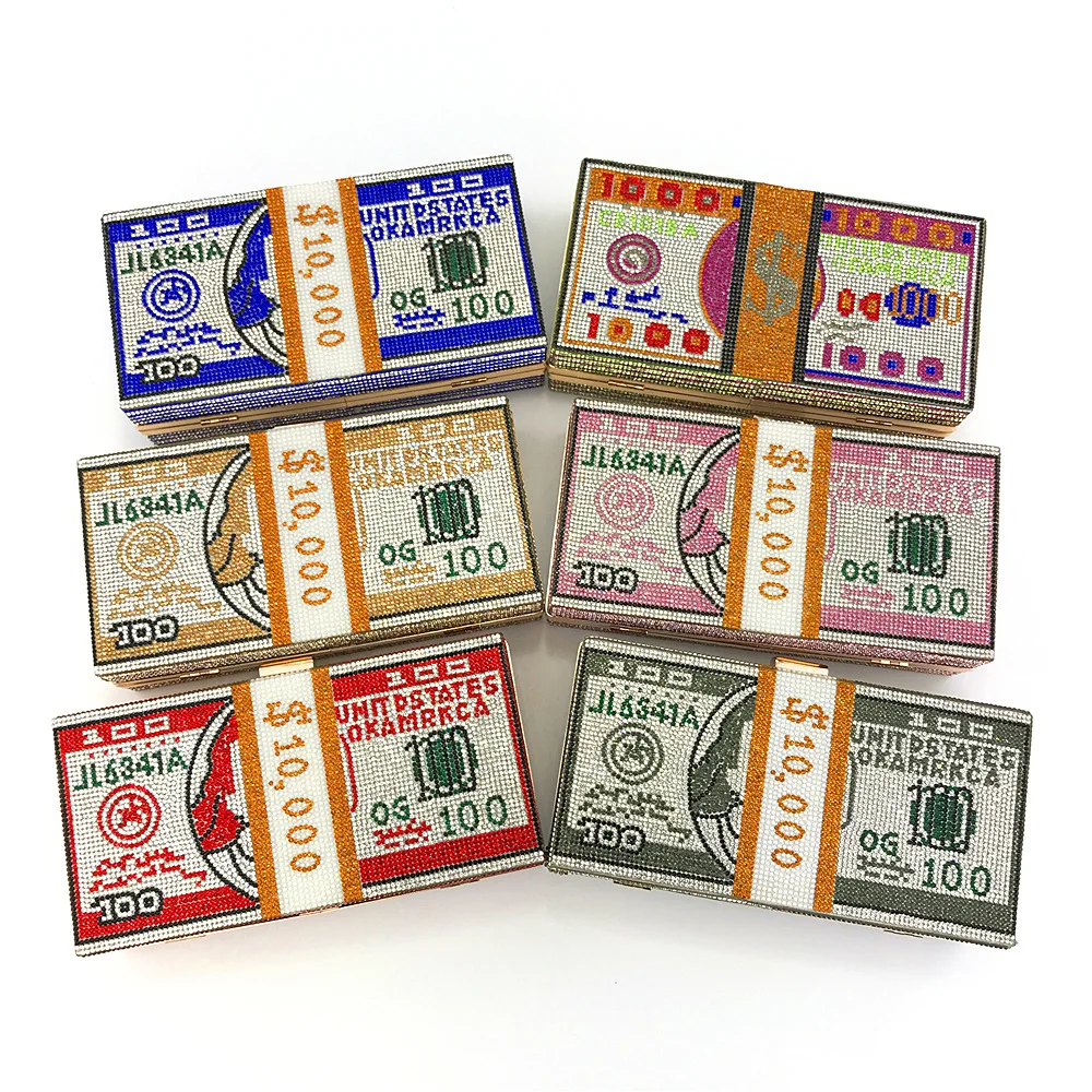 Wholesale 2021 Designer Rhinestone Money Design Clutch Bag Novelty Glitter Evening Handbags for women