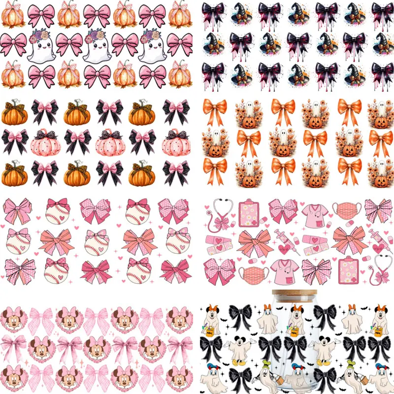 Pink Bows UV DTF Cup Wrap Transfers Halloween Coquette Aesthetic Ribbon Pumpkin Uvdtf Decals Stickers for 16oz Libbey Glass Cup