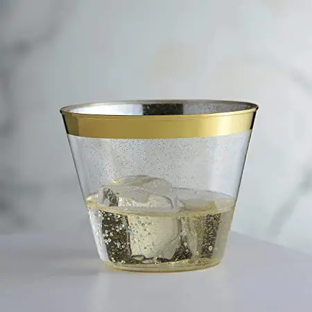 Disposable 9 oz Color Rim with Glitter Plastic Cups Hard Plastic  gold / rose/gold/silver rim with colorful glitter