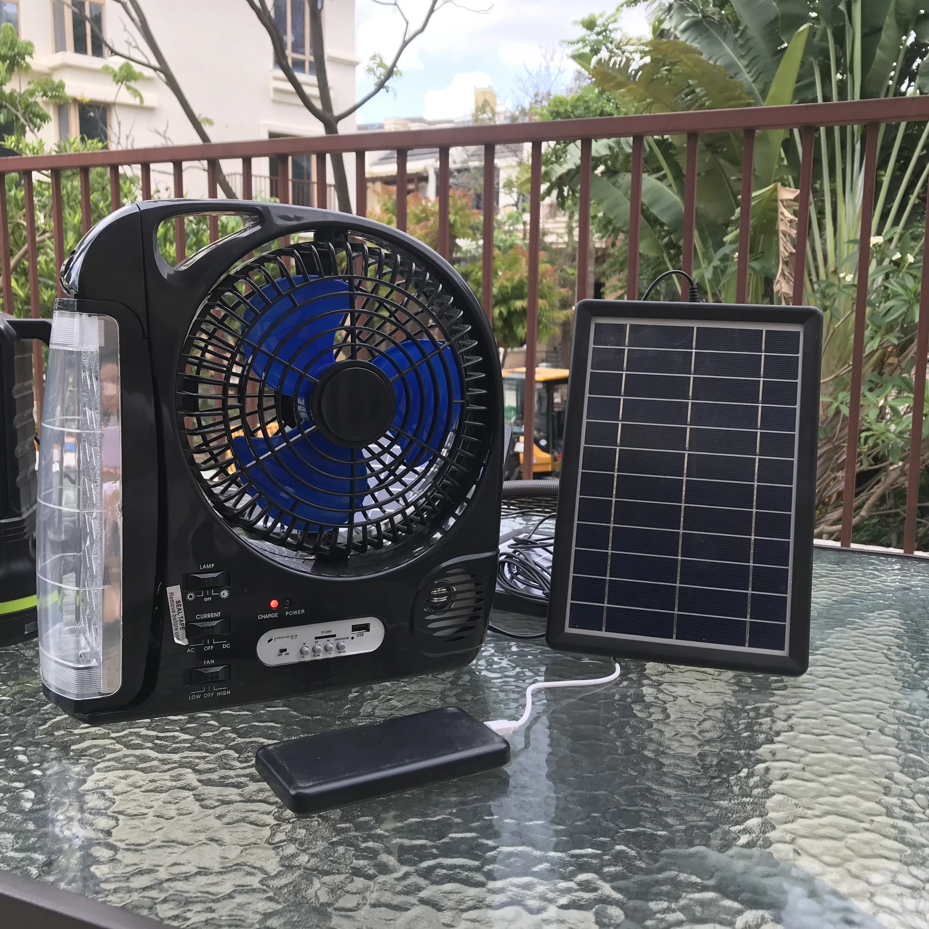 ac dc solar fan with led night light for emergency usb charing port FM radio can link to the phone