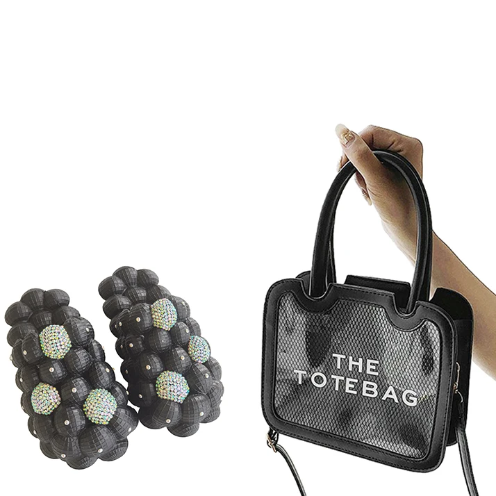 Wholesale New 2022 Custom Rhinestone Bubble Slides Green Black EVA Slippers and Fashion The Tote Bag Purse Set for Women