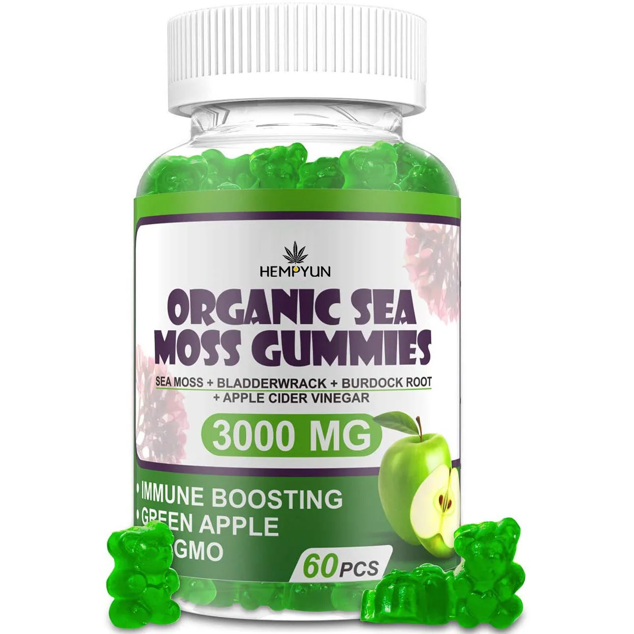 Органический морской мох Gummies-ямайский Bladderwrack Корень лопуха и яблочный уксус-60