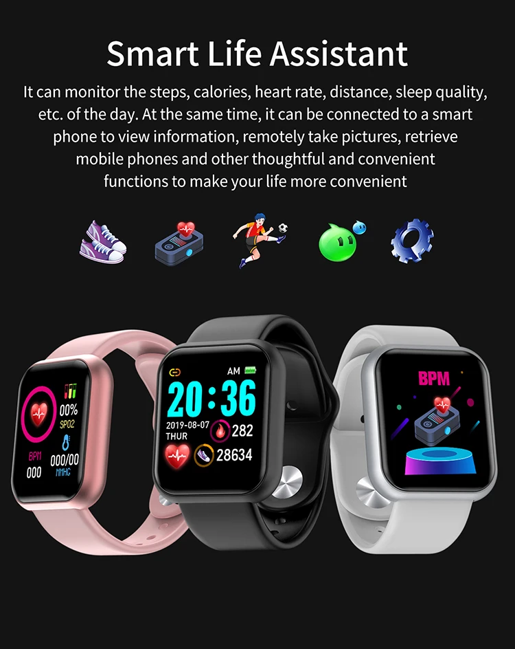New design 1.44inch D20 smart watch Heart Rate Monitor Pedometer  Fitness Smart Watch D20 Y68 Smart Fitness Bracelet
