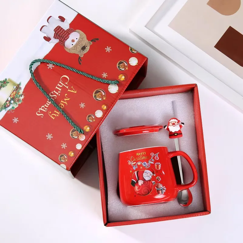 High Quality Customized Christmas Cup Christmas Tree Santa Claus Ceramic Mug With Lid And Spoon