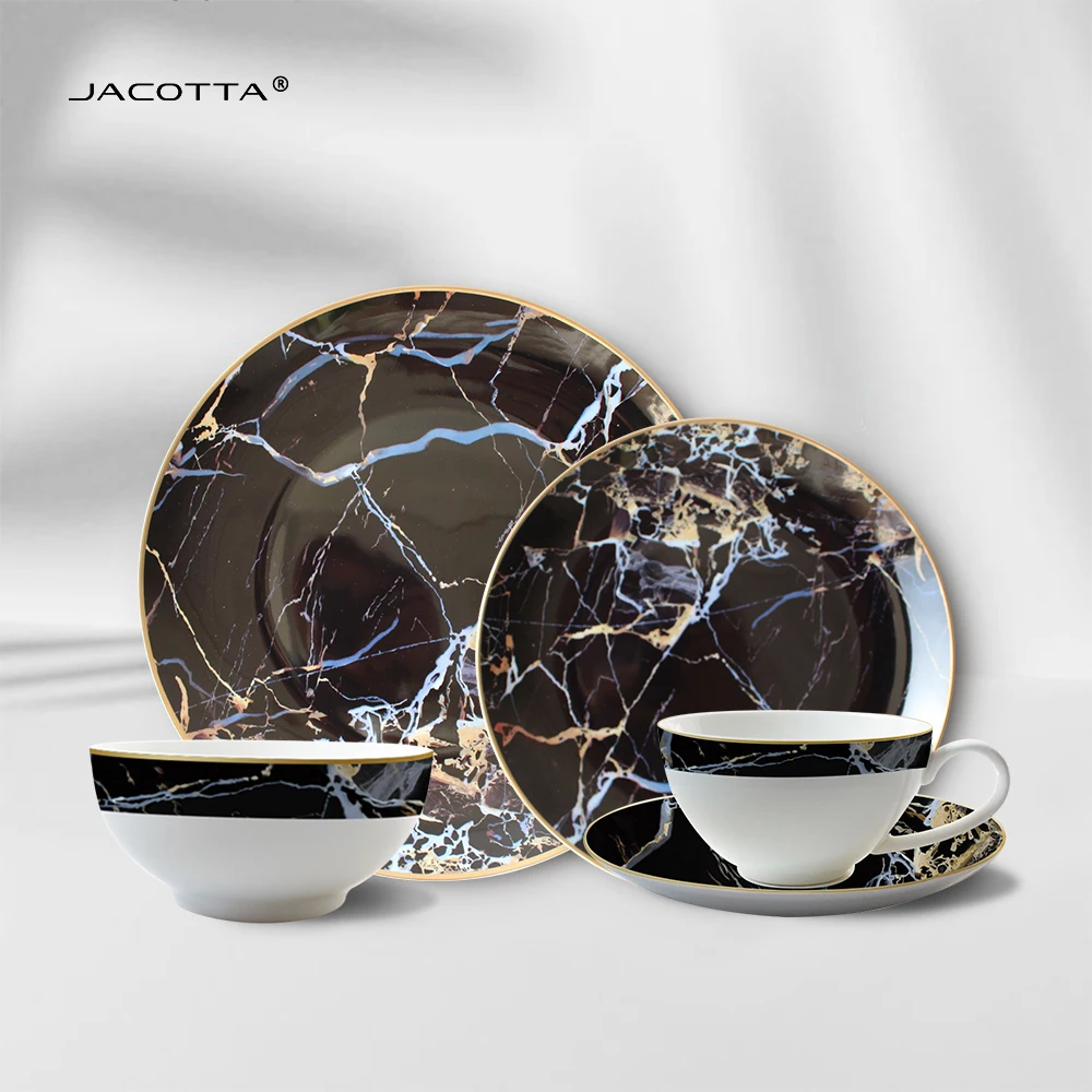 Black marble pattern bone china luxury gold rim kitchen dinnerware plates bowl cup with saucer set