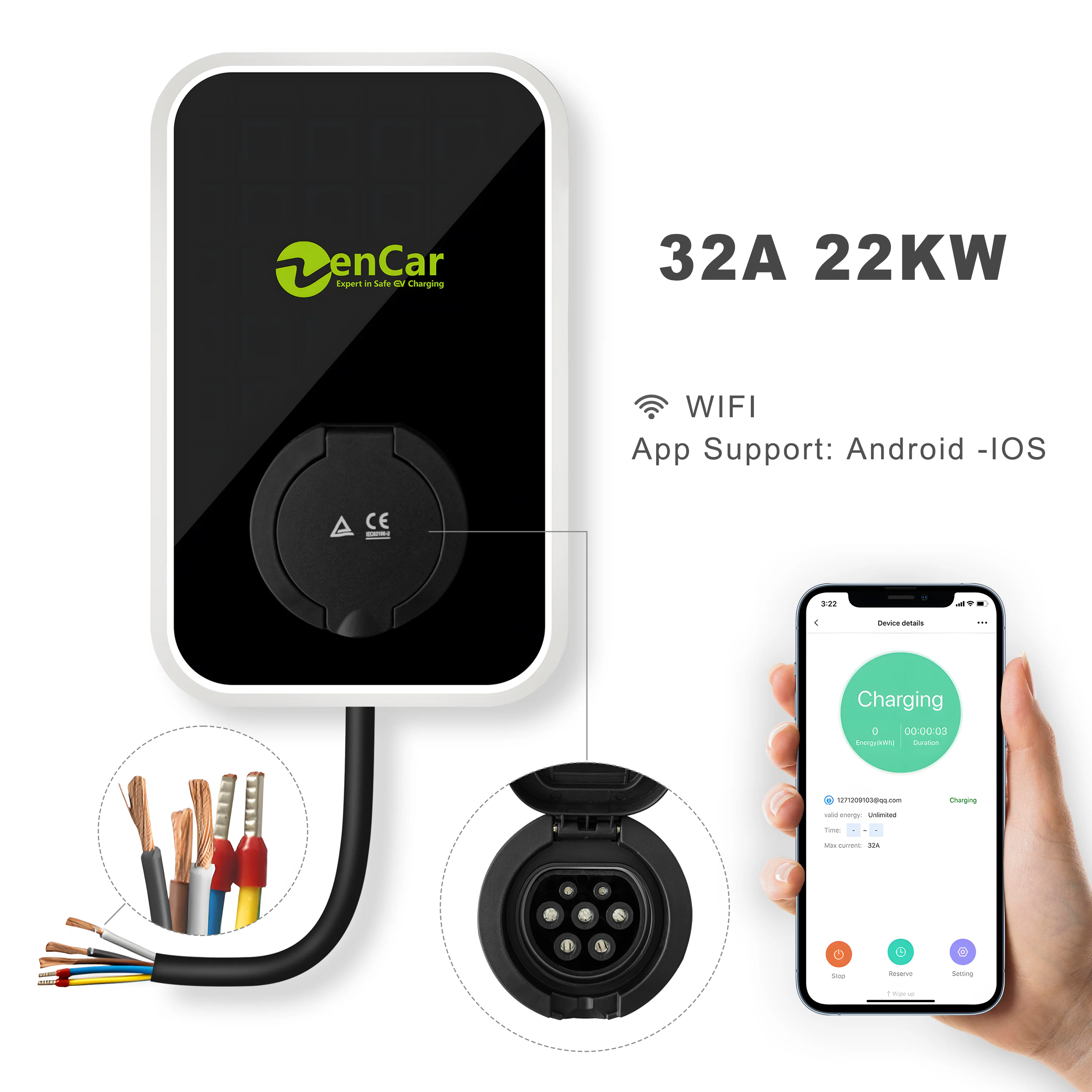 2024 new ev charging station 22KW Wallbox OCPP 1.6 Zencar WA 32A APP wall charger T2 socket