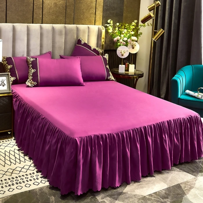 Wholesale Europe and America style solid color sheet bed sheet set 100% polyester bed skirts with two pillow cases