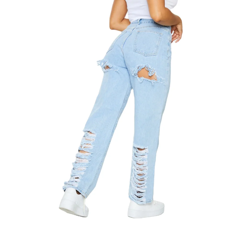 Manufacture custom design light blue wash rips denim pants jeans women