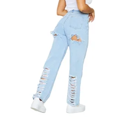 Manufacture custom design light blue wash rips denim pants jeans women