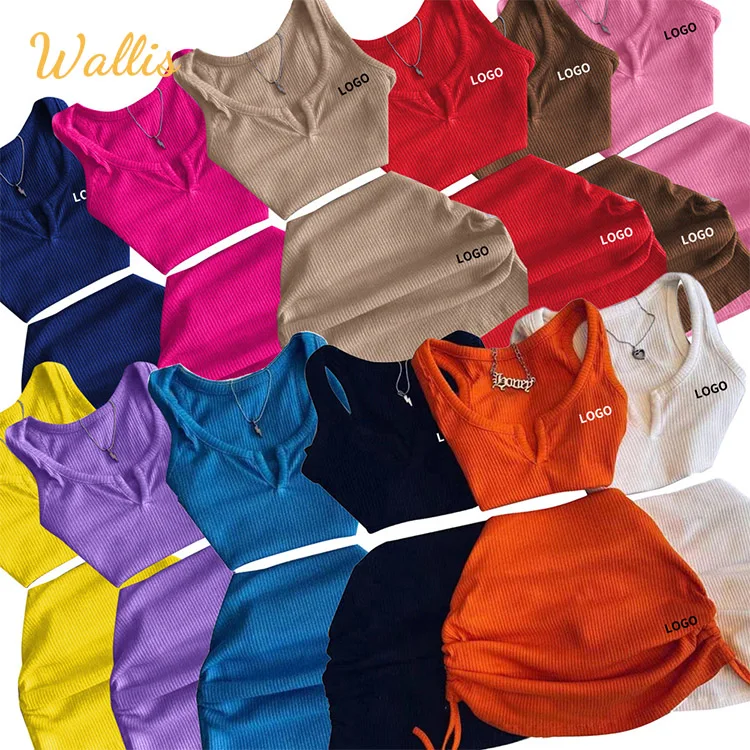 Summer Embroidery Women Clothing Vest Tracksuit Jogger Sweatsuit Pleated Ribbed Sleeveless Crop Top 2 Two Piece Short Skirt Set