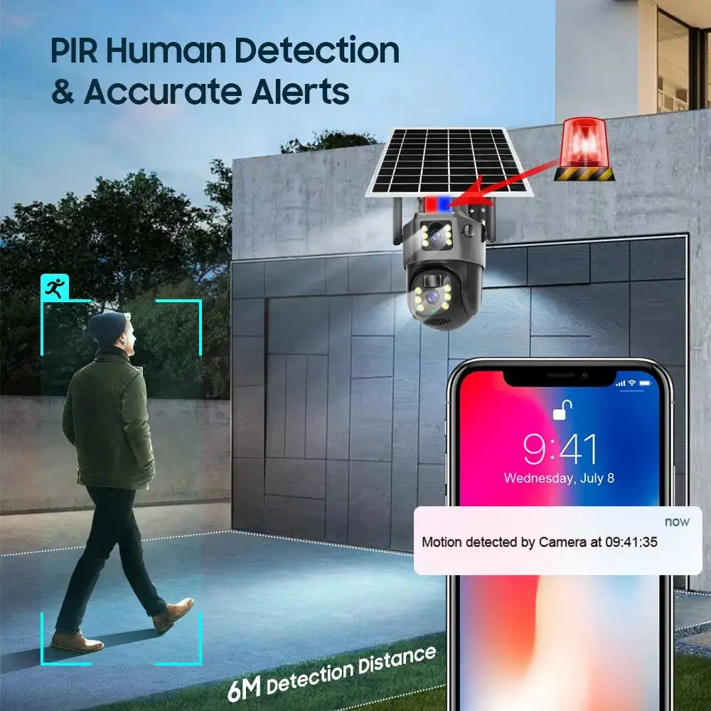 Regis V380 Dual Len Camera 4MP Wifi  Battery Powered Security Outdoor CCTV 4G IP Intelligent Solar Energy Alert PTZ Camera