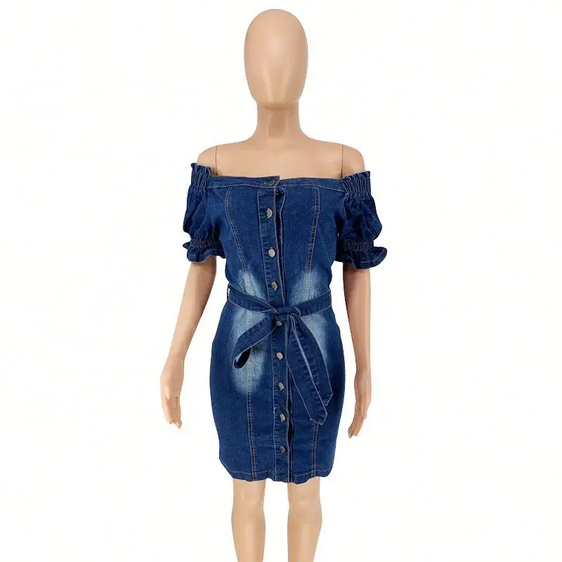 RX-PT017 Good quality off the shoulder denim dress turkey bodycon button up shirt jeans dress with belt