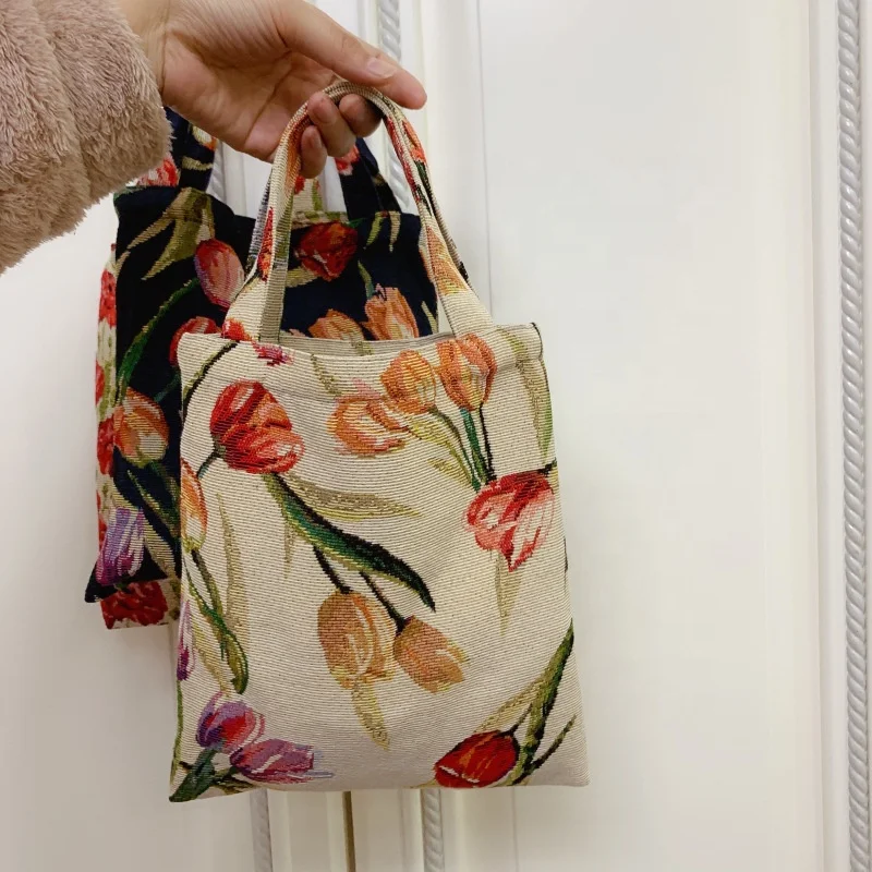 vintage oil painting style calico tulip jacquard factory eco-friendly women tote bag cotton canvas