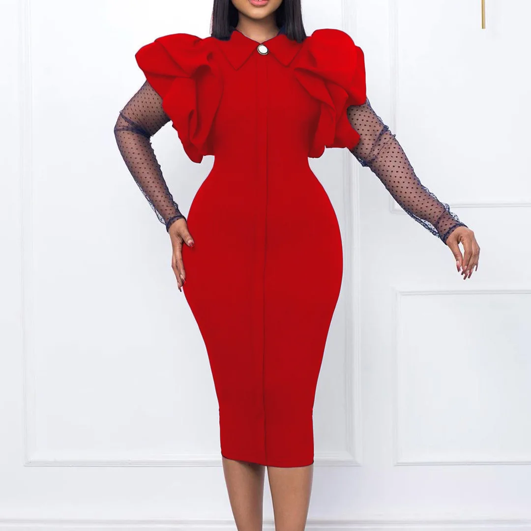 Women Formal New Style Lapel Slim Career Dresses Ruched Mesh Sleeves Elegant Ladies Office Plus Size Pleated Pencil Dress