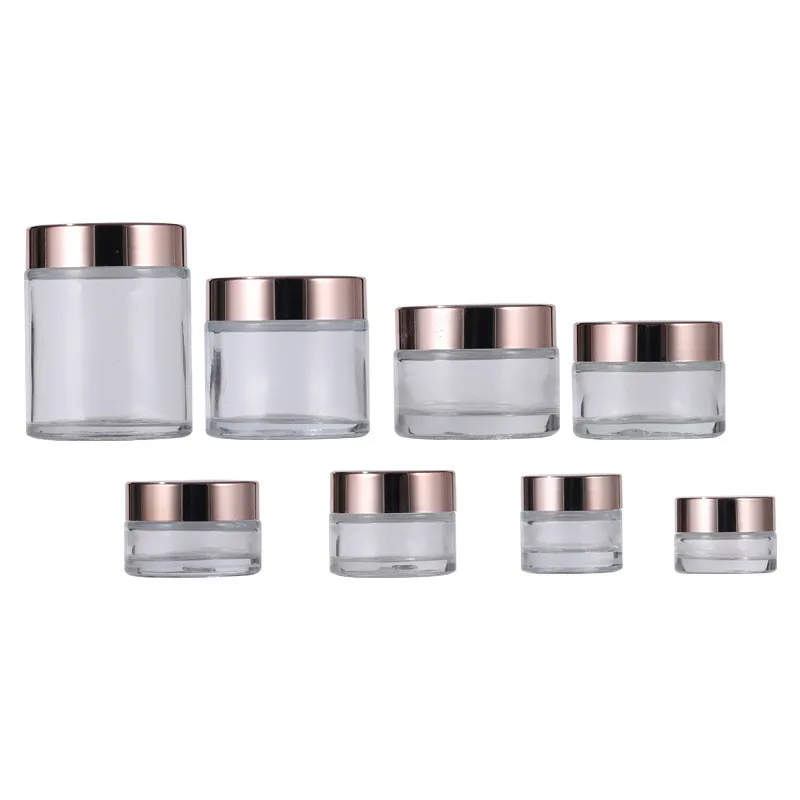 Fancy 5g 10g 15g 20g 30g 50g 60g 100g Clear Glass Cosmetic Cream Jar with Rose Gold Lid