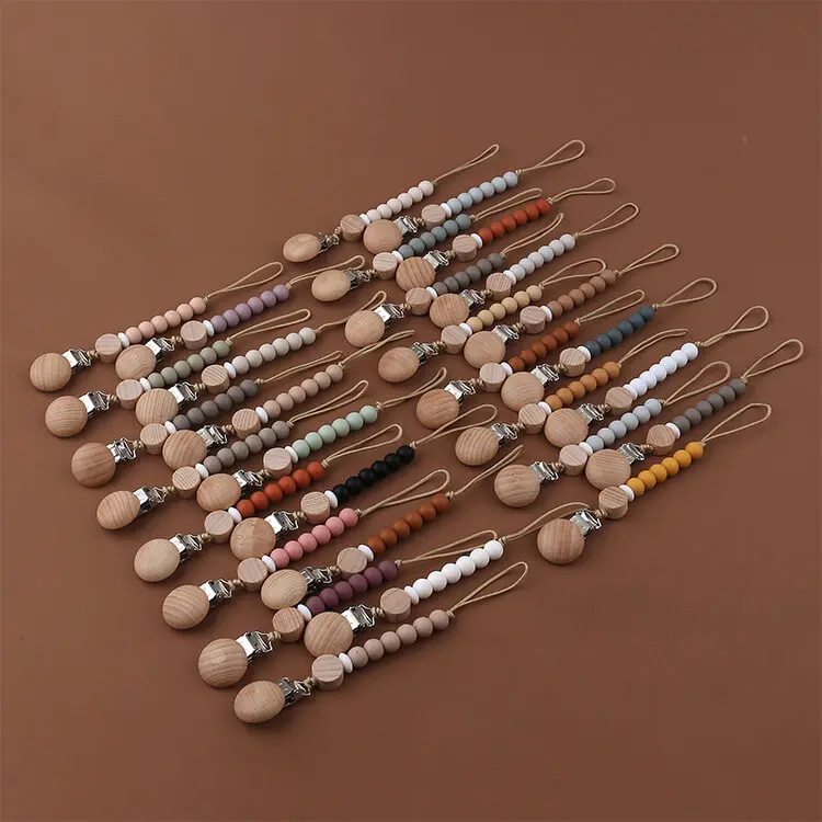 Baby Pacifier Clip Chain Newborn Chew Toy Nipple Holder Soother Bead  Infant Wooden Clip Teether Strap