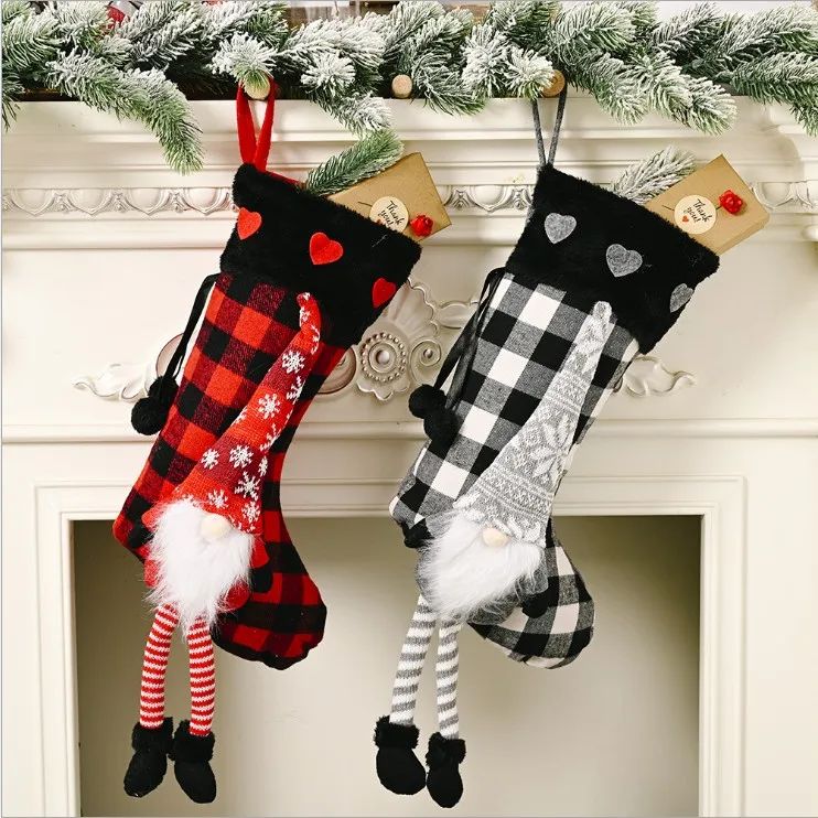 Christmas Socks Decorations Red And Black Linen Plaid White Plush Edge Christmas Stockings Hanging Gifts Gifts Candy Bag Pendant